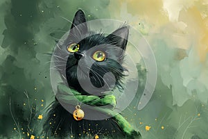 Painting of a black cat wearing a vibrant green scarf against a watercolor background St. Patricks Day