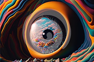 a painting of a black hole in the middle of a colorful landscape with mountains and clouds in the background