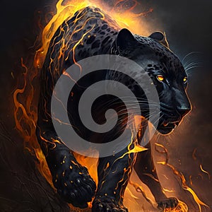 Painting of black panther on fire. Generative AI