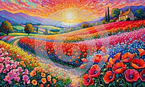 A painting in bloom with poppies with bright vivid colors. Summer countryside. Rural houses and high cypress trees on hill