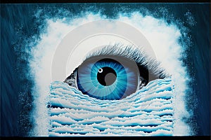 a painting of a blue eye with a black circle in the center of the eye and a wave in the water below it, with a blue sky and