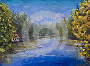 Painting Blue river in forest. House in woods on banks of river.