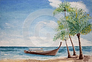 Painting of boat and palm trees