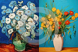 Painting of a bouquet of flowers in a vase, Flower Artwork in Van Gogh's style, AI Generated