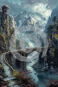 Painting of a bridge over a river