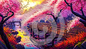 Painting of bridge over river with cherry blossoms. Generative AI