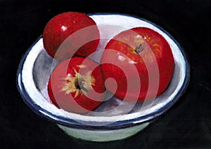 Painting of Bright Red Apples in Enamel Dish photo