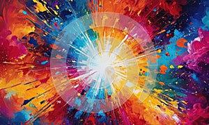 A painting of a bright yellow and blue explosion with a white center.