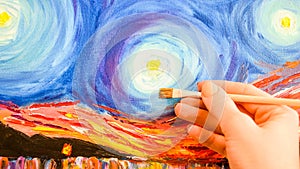 Painting brush, hand and oil canvas, artist`s hand, Acrylic and Full spectrum on Cardboard, Van Gogh The Starry Night