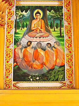 Wall painting of Buddha and monks in Nirvana, Laos photo