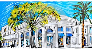 A Painting Of A Building With A Tree And Blue Awning - Rodeo Drive of Beverly Hills