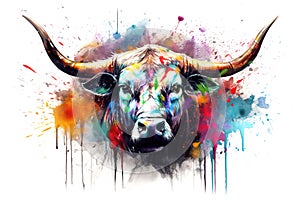 Painting of a bull head on white background. Wildlife Animals