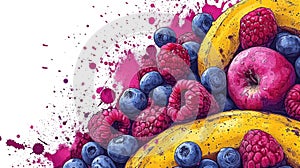 A painting of a bunch of bananas and blueberries on white, AI