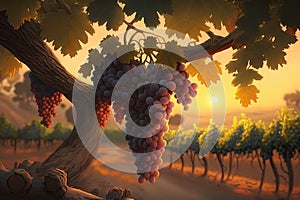 A painting of a bunch of grapes hanging from a tree branch in a vineyard at sunset or dawn with the sun setting