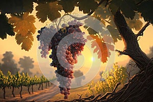 A painting of a bunch of grapes hanging from a tree branch in a vineyard at sunset or dawn with the sun setting