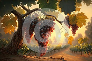 A painting of a bunch of grapes hanging from a tree branch in a vineyard at sunset or dawn with the sun setting