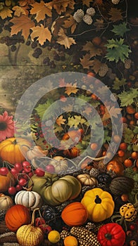 A painting of a bunch of pumpkins and gourds. Autumn Harvest festival illustration