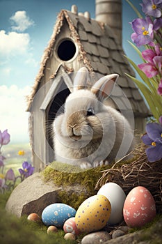 A painting of a bunny and a blue easter egg.