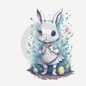 A painting of a bunny and a blue easter egg.