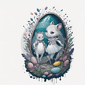 A painting of a bunny and a blue easter egg.