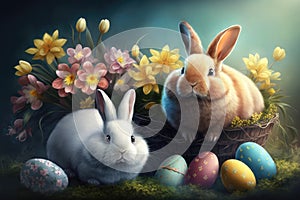 A painting of a bunny and a blue easter egg.