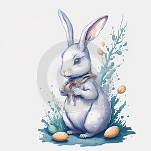 A painting of a bunny and a blue easter egg.