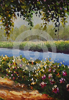 painting bushes with flowers near the river and forest
