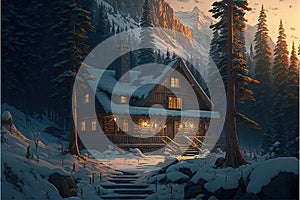 a painting of a cabin in the woods at night with a full moon in the sky above it and a snowy mountain in the background