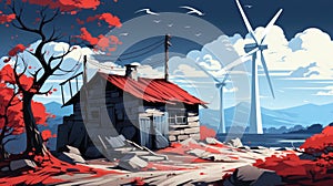 A painting of a cabin in the woods with a wind turbine in the background. Generative AI image.