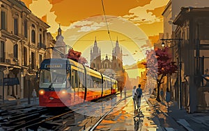 A painting of a cable car in Barcelona Spain