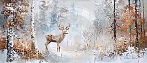 Painting on canvas of a fairytale deer with a small child in a forest with snow during the winter season. Original