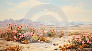 Vintage Oil Painting Of Desert Scene With Wild Pink Flowers And Mountain Range