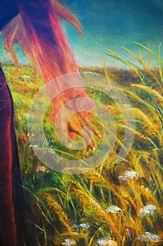 Painting on canvas of a vibrant spring meadow full of wild colorful flowers in the bright sunny day. And detail fairy woman hand