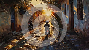 This painting captures carefree youth as a child rides a scooter through an alley lit by the evening sun.