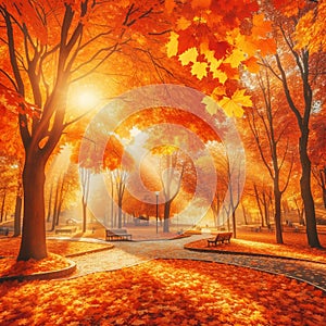A painting capturing the beauty of autumn in a park, filled with orange fall leaves and featuring a bench surrounded by