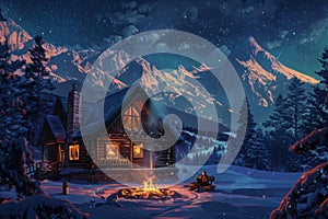 A painting capturing a cabin in the mountains at night with a campfire burning brightly in the foreground, A cozy cabin in the