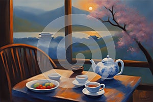 Painting capturing two cups of tea on a table on a terrace face beautiful landscape, japan ceremony