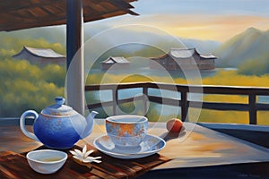 Painting capturing two cups of tea on a table on a terrace face beautiful landscape, japan ceremony