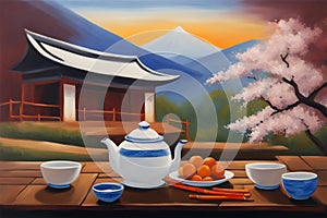 Painting capturing two cups of tea on a table on a terrace face beautiful landscape, japan ceremony