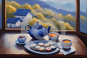 Painting capturing two cups of tea on a table on a terrace face beautiful landscape, japan ceremony