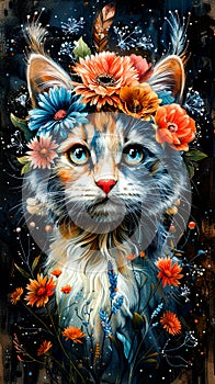 Painting of cat with flowers on it's head and eyes. AI