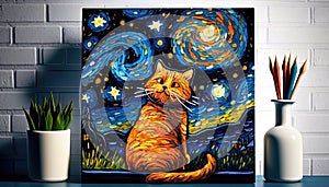 a painting of a cat sitting in front of a painting of a starr night