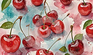 A painting of cherries with green leaves in the background.