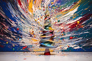 a painting of a christmas tree with paint splattered all over it