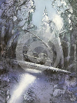Painting Christmas winter forest covered with snow in sunlight with rays of light and fallen tree