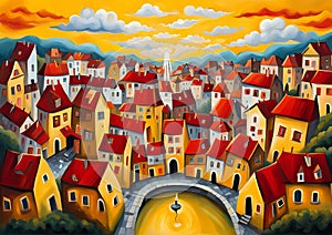 painting of a city with a fountain and clouds in the sky, dawn, transylvanian folk art, yellow and red, connectedness, maybe a