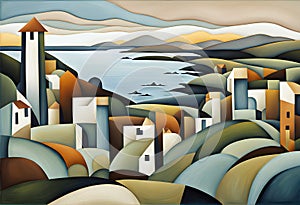 painting of a coastal landscape with a seaside town and bay, using subdued colors and cubist shapes