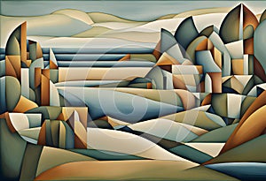 painting of a coastal landscape with a seaside town and bay, using subdued colors and cubist shapes