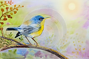 Painting colorful of alone bird on a branch amidst beautiful