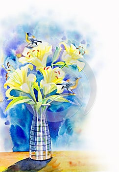 Painting colorful of beauty bouquet lilly flowers and bird coup